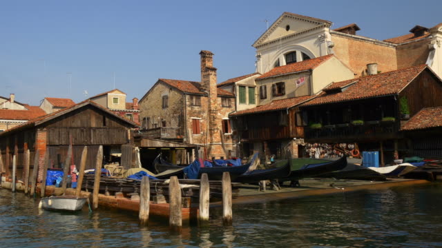 Italien-Venedig-Sommer-Tag-Boot-Gondel-Workshop-Bucht-Stadtpanorama-4k