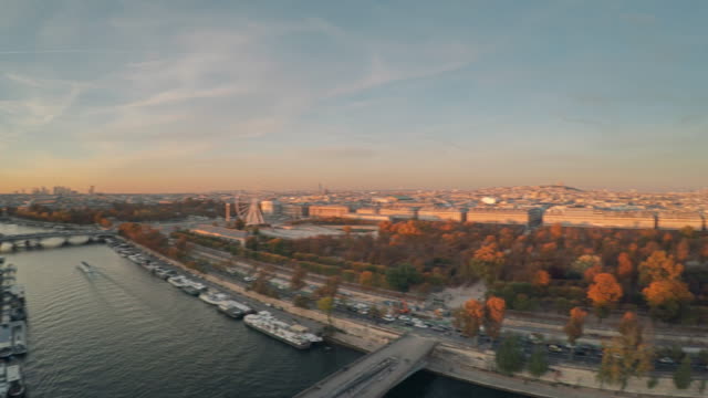 Aerial-view-of-Paris-with-Seine-river-during-sunset