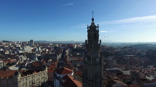Aerial-View-of-Clerigos-Tower,-Porto,-Portugal