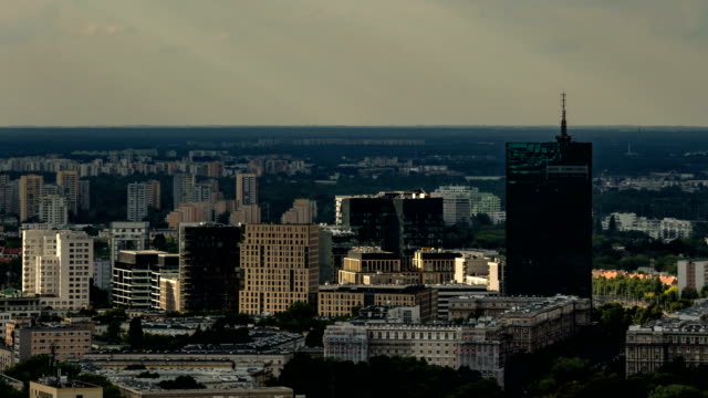 Time-Lapse-of-Warsaw-City-with-nice-clouds-and-sun-rays,-Poland,-Europe
