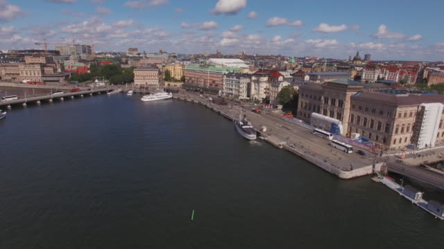 Volando-sobre-el-canal-en-el-centro-de-Estocolmo,-Suecia.-Vista-aérea-del-centro-de-la-ciudad-de-Stockholm