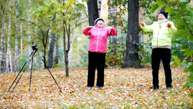 Mature-woman-doing-gymnastics-in-an-autumn-park-after-a-scandinavian-walk