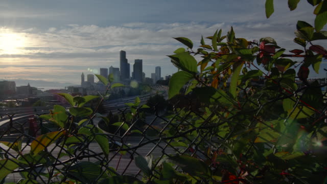 Blick-über-Zaun-am-geschäftigen-Stadt-an-sonnigen-Tag