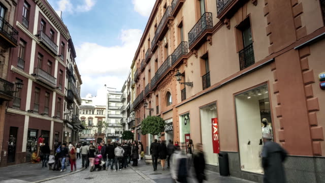 Stadtzentrum-von-Sevilla-Einkaufsstraßen-Bereich-Zeitraffer