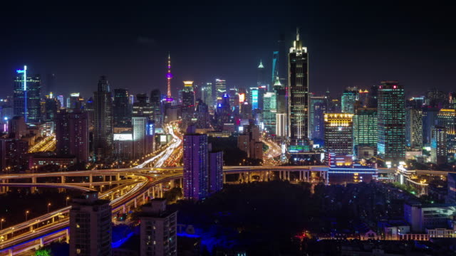Nachtlicht-shanghai-Austausch-und-Gebäude-Panorama-4k-Zeitraffer