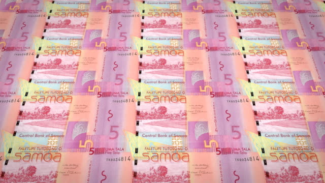 Billetes-de-cinco-Samoa-tala-de-Samoa,-dinero-en-efectivo,-lazo