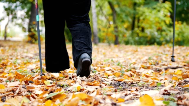 Zwei-ältere-Frauen-machst-skandinavischen-im-Park-spazieren.-Füße.
