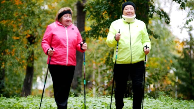Las-mujeres-de-edad-caminando-en-un-parque-de-otoño-durante-un-escandinavo