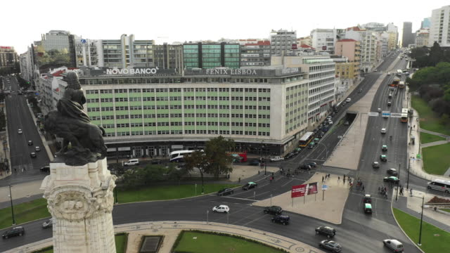 Aerial-view-of--Marques-de-pombal-square-in-Lisbon-Portugal