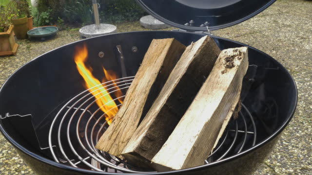 Madera-troncos-ardiendo-en-una-parrilla-al-aire-libre