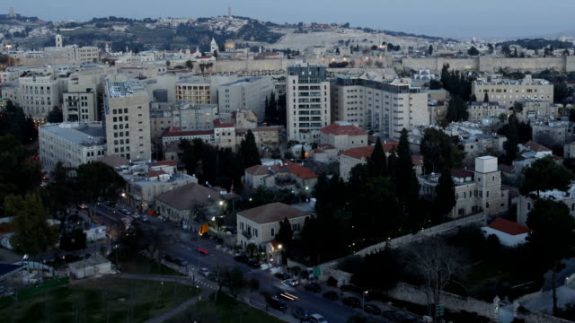 Dämmerung-bis-Nacht-Zeitraffer-Luftaufnahme,-Jerusalem,,-Israel