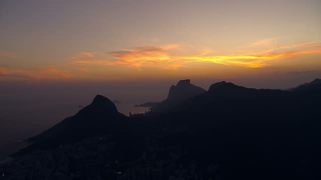 High-angle-aerial-view-of-Rio-de-Janeiro-at-Dusk,-Brazil