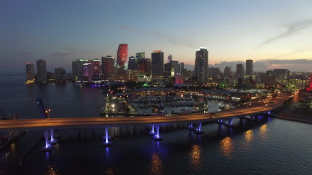 Aerial-drone-video-of-Downtown-Miami-at-dusk