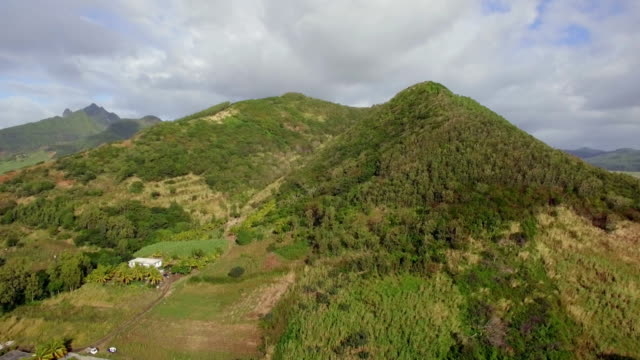 Flug-über-grüne-Hügel-auf-Mauritius