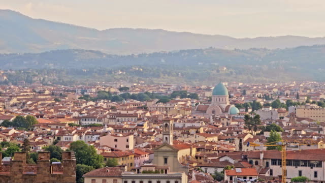 Aerial-panoramic-view-of-Florence-at-sunset,-Italy