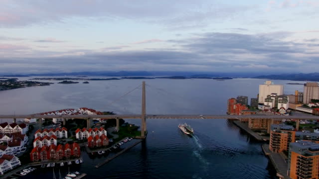 Aerial:-The-Stavanger-City-Bridge-in-sunset