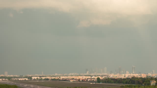 Time-Lapse-of-Warsaw's-city-skyline-while-storm-incoming