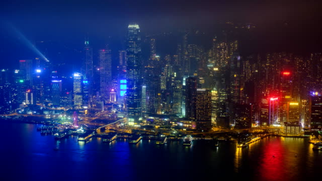 Aerial-timelapse-of-illuminated-Hong-Kong-skyline.-Hong-Kong,-China