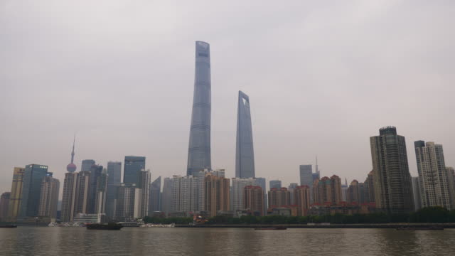 Tageszeit-shanghai-Stadt-Fähre-Fahrt-Innenstadt-Panorama-4k-china