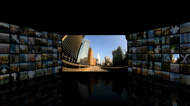 3-D-video-Wand-USA-berühmten-legendäre-Städte-schwarzem-Hintergrund