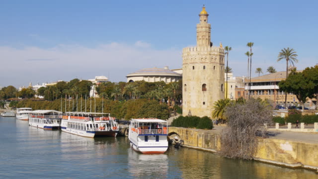 Sevilla-Fluss-Tourist-Boote-Tageslicht-4-k-Spanien
