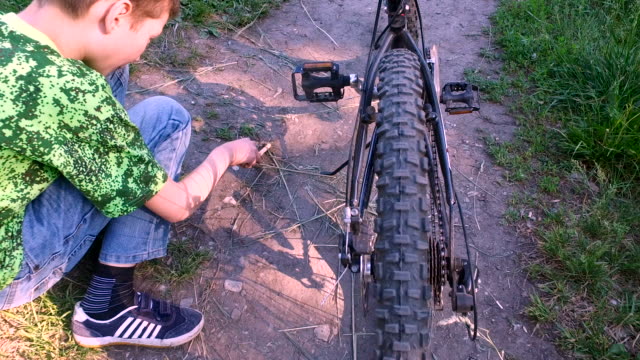 Chico-adolescente-prepara-el-camino-para-un-paseo-en-bicicleta.-Chico-limpia-la-carretera-distintas-los-insectos.