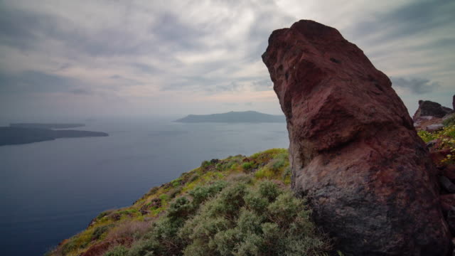 Morgen-leichte-Santorini-Insel-Vulkan-Hügel-Küste-Panorama-4-k-Zeit-hinfällig,-Griechenland