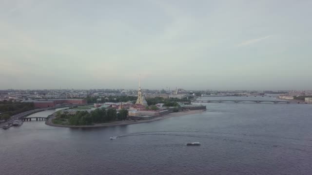 Aerial-shot-of-the-Peter-and-Paul-fortress-on-Zayachy-island,-historical-city-center-of-Saint-Petersburg,-Russia