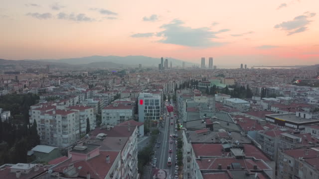 road-and-traffic-image-at-sunset,-drone,-road,-traffic,-izmir,-sunset