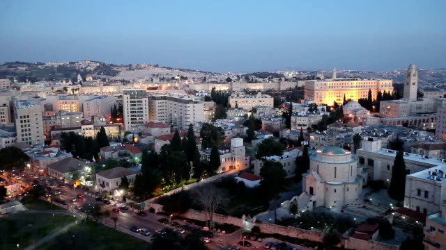 Abend-Luftbild-mit-alten-Stadtmauer,-Jerusalem,,-Israel