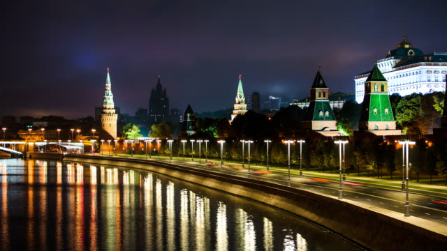 Timelapse-view-of-historical-center-Moscow-center-with-river,-kremlin-and-traffic