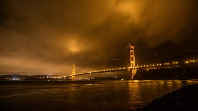 Golden-Gate-Bridge-at-Night,-from-below