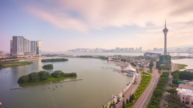 China-Sonnenuntergang-Tag-leichte-Macau-Bucht-auf-dem-Dach-Panorama-4k-Zeitraffer