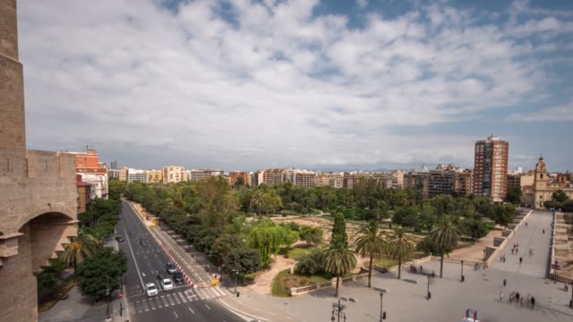 aerial-view-of-the-Turia-Valencia-gardens,-from-the-Serrano-towers