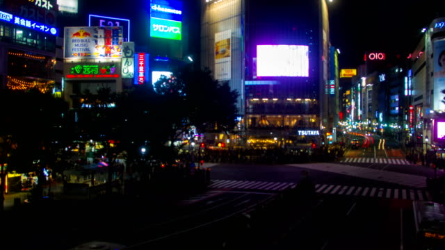 Nacht-Zeitraffer-4K-bei-Shibuya-Kreuzung-breite-geschossen-hohen-Winkel