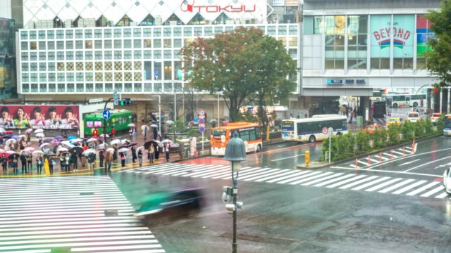 Timelapse-of-tourist-with-umbrella-walking-at-Shibuya-crossing-street-intersection,-Shibuya,-Tokyo,-Japan-4K-time-lapse