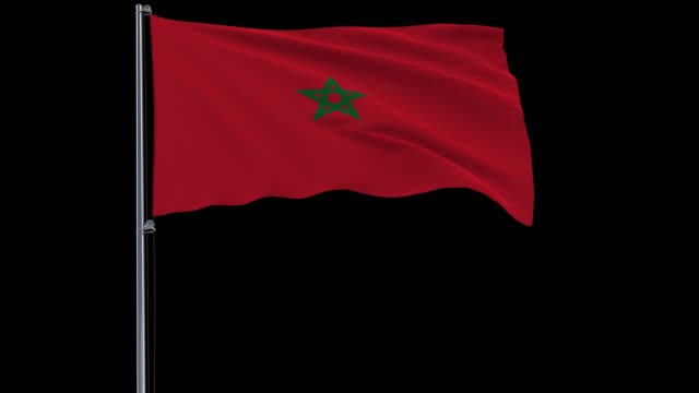 Bandera-de-Marruecos-en-un-asta-de-bandera-en-un-transparente,-material-de-archivo-de-prores-4444-k-4-con-alfa