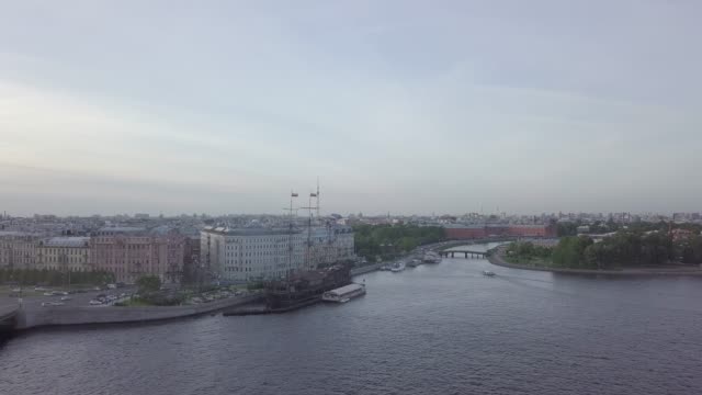 View-of-the-Peter-Pavel's-Fortress-across-the-Neva-River-in-St.-Petreburg,-Russia.-shot-from-dron