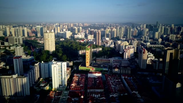 Beautiful-morning-drone-footage-of-Singapore-urban-skyline-and-its-residential-buildings-at-Chinatown.