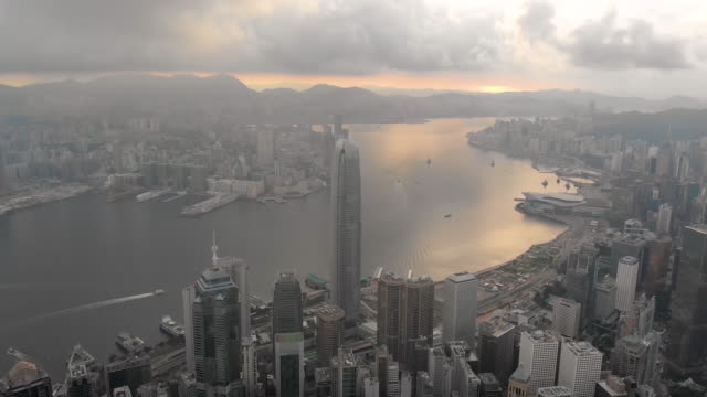Aerial-pull-out-shot-of-Hong-Kong-skyline