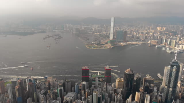 Aerial-panning-shot-of-Hong-Kong-skyline