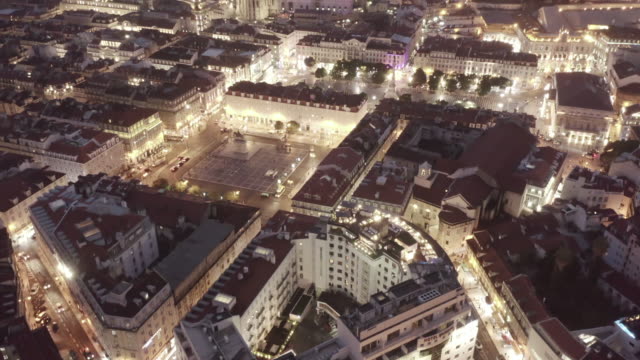 Aerial-view-of-Lisbon-Portugal-at-night,-flat-profile