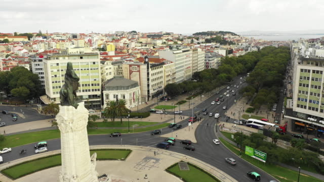 Aerial-view-of--Marques-de-pombal-square-in-Lisbon-Portugal