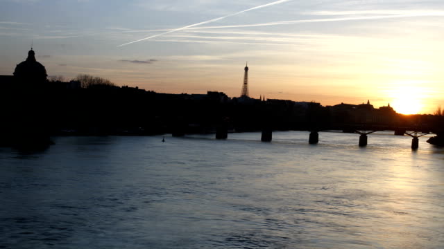 Paris,-Frankreich,-Seine-Sonnenuntergang-Zeitraffer