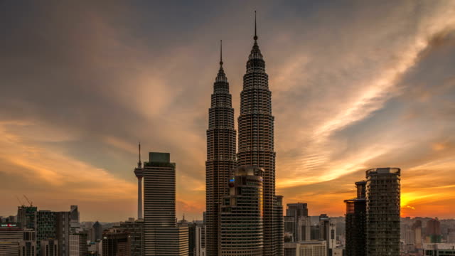 A-high-angle-view-of-sunset-timelapse-at-Petronas-Twin-Towers