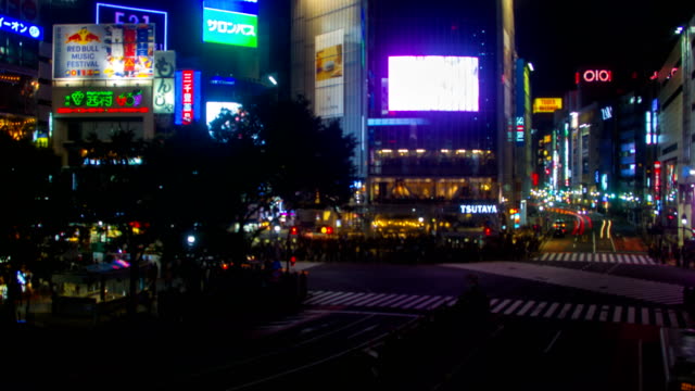 Noche-olvido-4K-en-el-cruce-de-shibuya-ancho-tiro-alto-ángulo-zoom