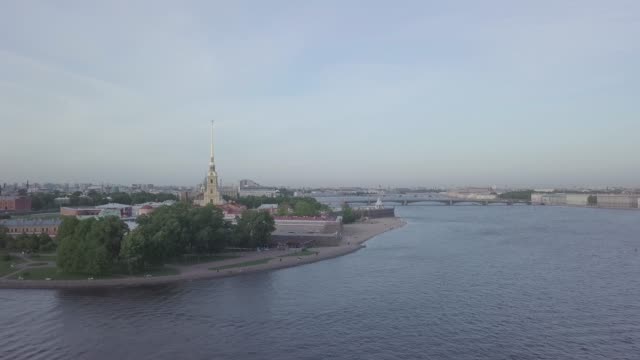 View-of-the-Peter-Pavel's-Fortress-across-the-Neva-River-in-St.-Petreburg,-Russia.-shot-from-dron