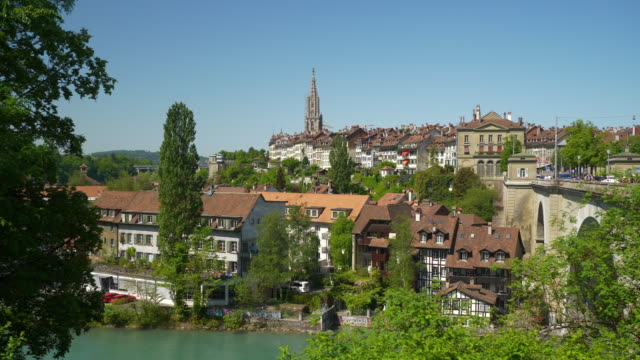 Switzerland-bern-cityscape-sunny-day-riverside-famous-panorama-4k