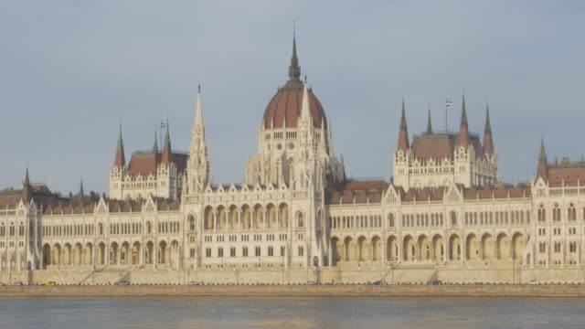Beautiful-Hungarian-parliament-building-facades-located-on-river-Danube-banks-4K