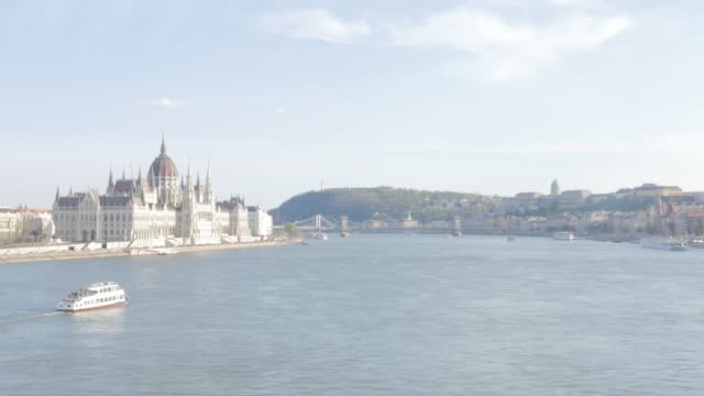 Hungarian-parliament-building-on-river-Danube-and-boats-by-the-day-4K
